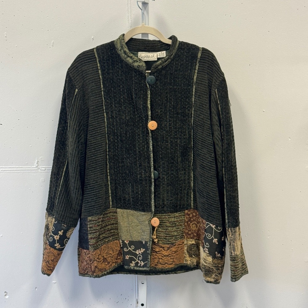 Vintage Flashback‎ Patchwork Chenille Jacket XL Green Boho Tapestry Embroidered